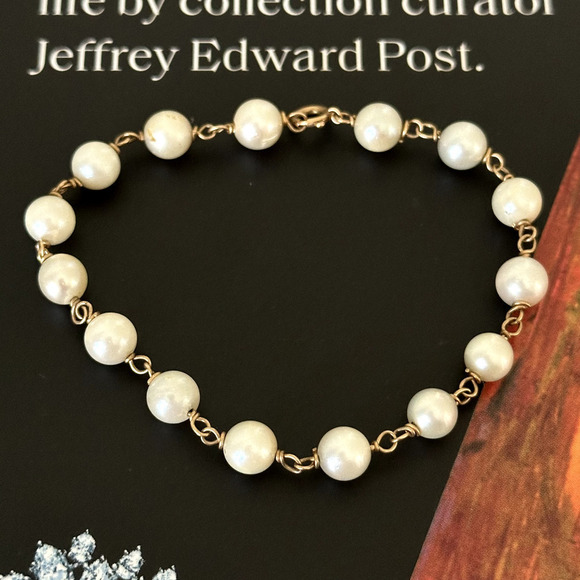 Vintage 14K Yellow Gold Genuine Pearl 6MM Cream Station Bracelet 6.5